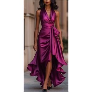 Mooyius Midnight elegance Satin Halter Ruffle Gown elegant purple Size Large